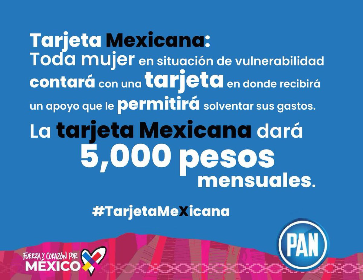 Esta información tiene que llegar a todas las mujeres de México: @XochitlGalvez propone diversos programas para que puedas salir adelante de forma libre, segura y siempre con el apoyo de su gobierno. Un ejemplo es la #TarjetaMexicana, que se le entregará a mujeres en situación…