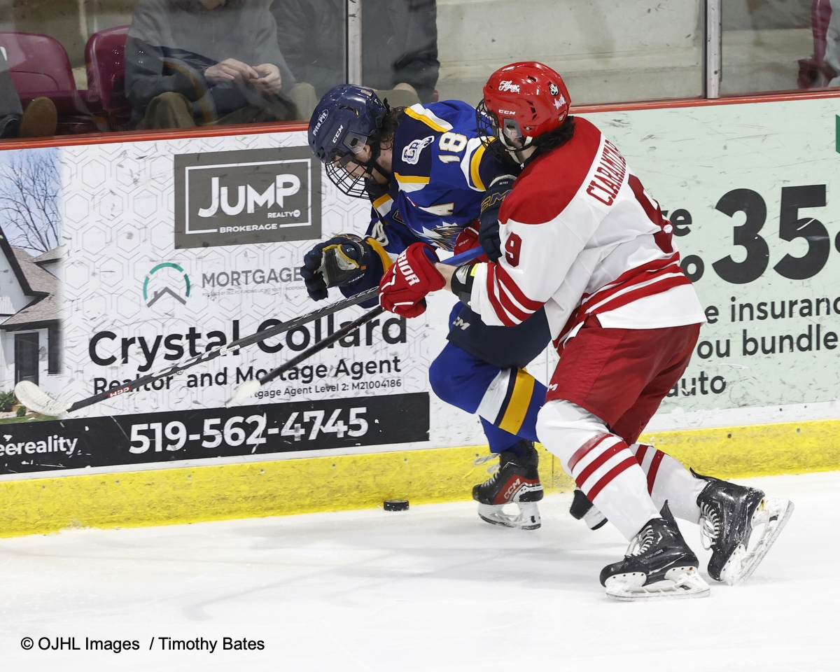 After two complete Leamington gets on the board to come within one 2-1 @CwoodBluesJrA @LeamFlyers @ojhlofficial @ojhlimages @cjhlhockey @OHAhockey1 @HockeyCanada #postseason #Conference #championship #leagueofchoice