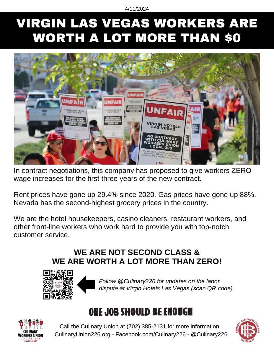 .@VirginHotelsLV workers deserve the same wage increases as the rest of the Strip and Culinary Union members are organized & ready to fight for it. 💪🏼#OneJobShouldBeEnough