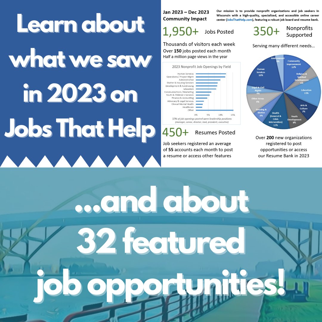 In our latest #job seeker e-newsletter 👉 tinyurl.com/jth24apr, learn about what we saw in 2023 on Jobs That Help, and 32 featured jobs! Not subscribed to our e-newsletter? Sign-up here: eepurl.com/gkXRFf

#NonprofitJobs #NonprofitCareers #NonprofitWork #WisconsinJobs