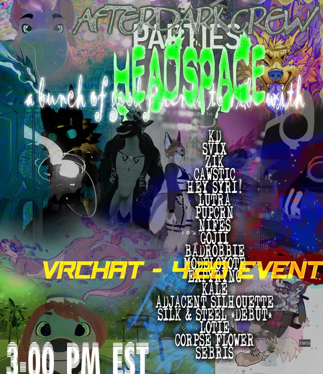 H ẹ å d S p å c ẹ : A 4-20 VRCHAT Urlfest This will be one of our most unique urlfest events with a fully fleshed out world thanks to Sebris. A night to get lost in the clouds and enjoy the weird, funky, and experimental tunes. Looking forward to yall tuning in. 💜