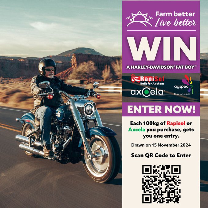 AgspecVicTas's tweet photo. You should use #Rapisol micronutrients & #Axcela long window slug & snail bait for your crop’s sake & peace of mind.
This year you should also use them for #lifestyle & #fun sake! Each 100kg you buy puts you in the draw to win a brand spanking #harleydavidson Fat Boy! Wowee! https://t.co/XFDpsn62qe
