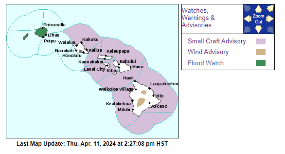 FLOOD WATCH FOR KAUAI COUNTY STARTED Thu Apr 11 2024. A weather system will impact Kauai and other Hawai‘i counties over the next few days. Go to weather.gov/hfo/ for further updates.