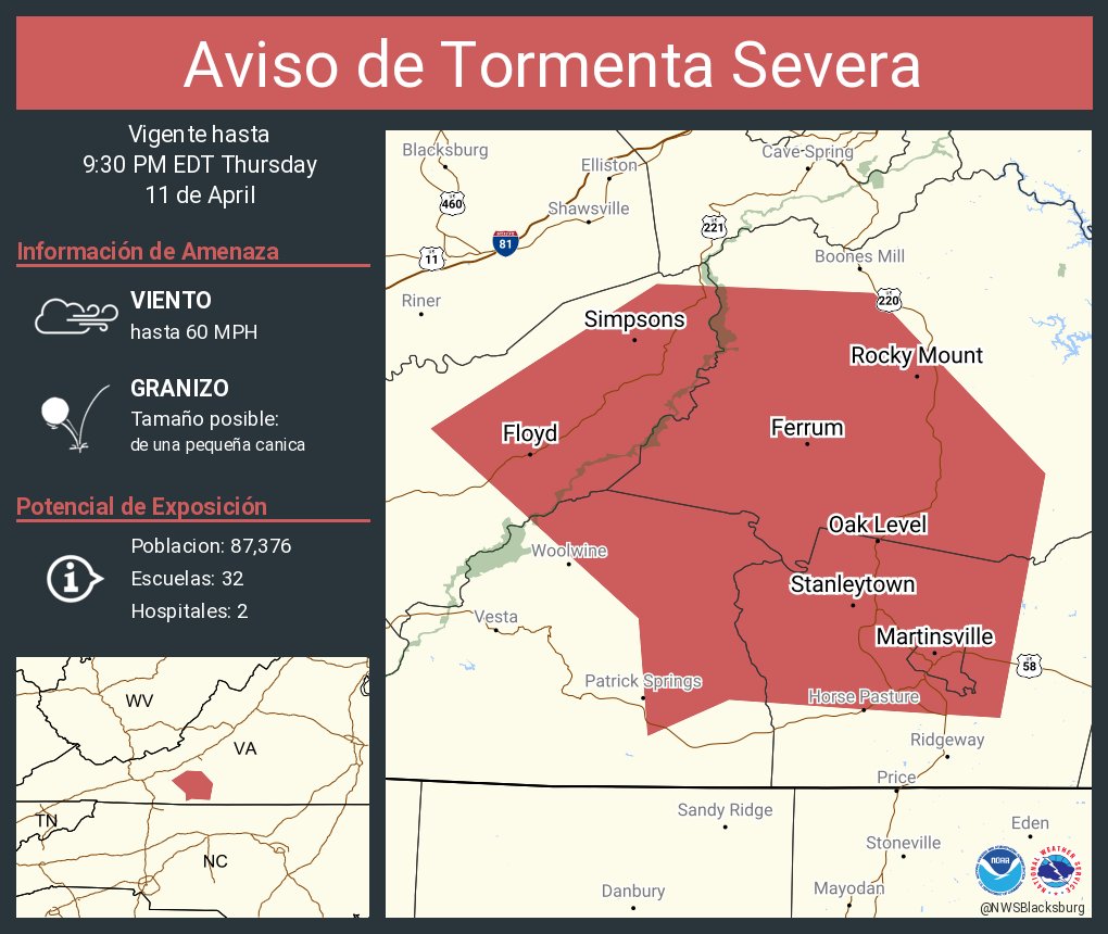 Aviso de Tormenta Severa incluye Martinsville VA, Collinsville VA, Rocky Mount VA hasta las 9:30 PM EDT