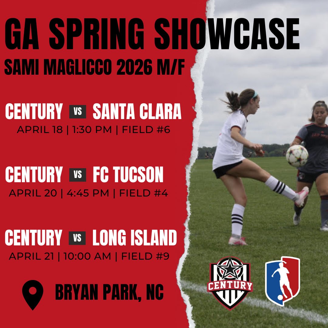 Below is my schedule for the <a href="/GAcademyLeague/">Girls Academy</a> Spring Showcase in North Carolina!!! Hope to see you there 👀👀👀 <a href="/ImYouthSoccer/">ECNL/GA/Recruiting/College Soccer</a> <a href="/ImCollegeSoccer/">College Soccer Truth ™</a> <a href="/TopDrawerSoccer/">TopDrawerSoccer</a> <a href="/CoachEMarshall/">Erica Marshall</a> <a href="/Century_Utd/">Century United</a> <a href="/Century08GA/">Century 2008 GA</a>