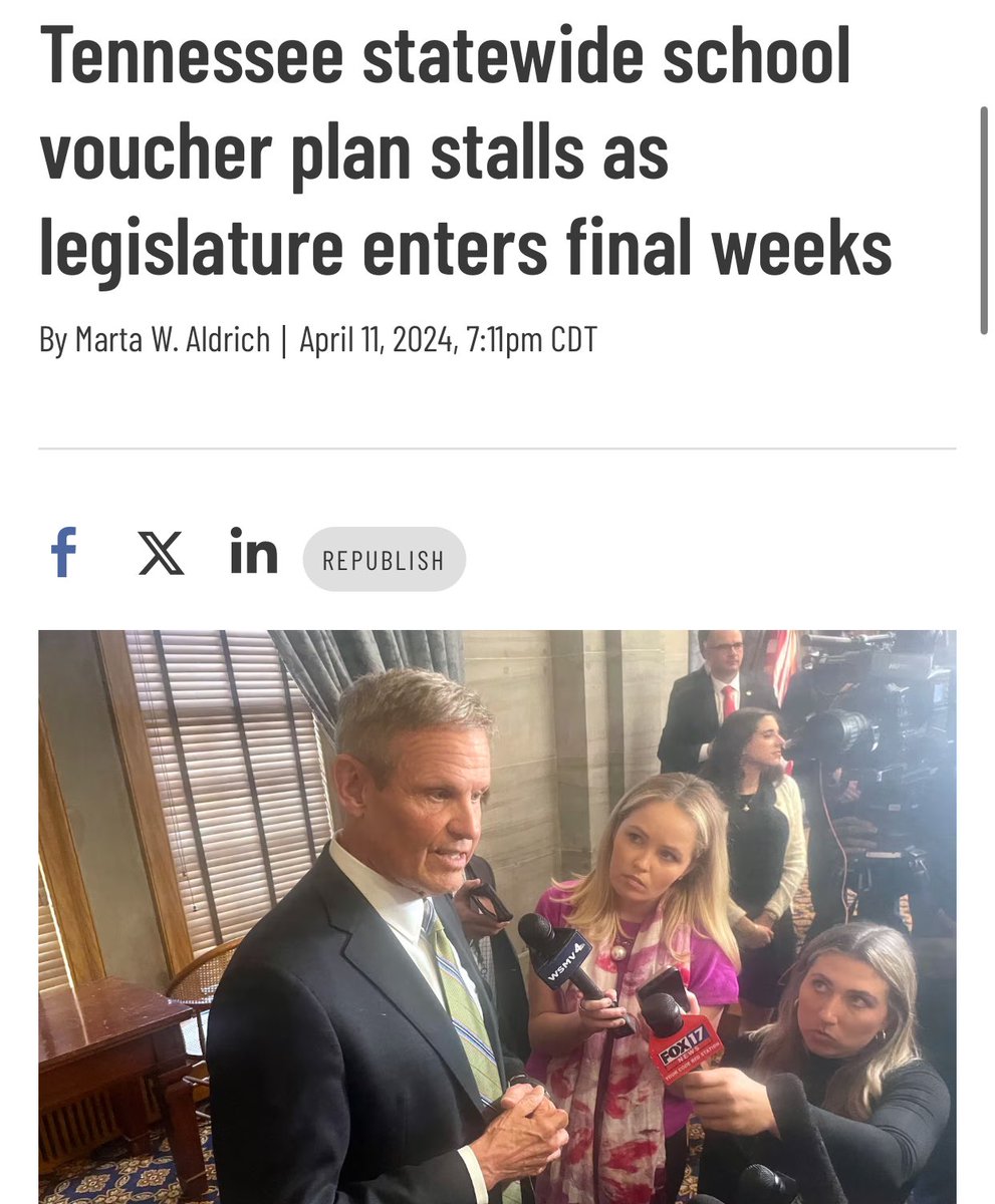 CHALKBEAT: “Lee’s push to create a statewide school voucher system is running out of time as Republican lawmakers work to reconcile significantly different proposals… bill has stalled for three weeks in finance committees — without public discussion.” chalkbeat.org/tennessee/2024…