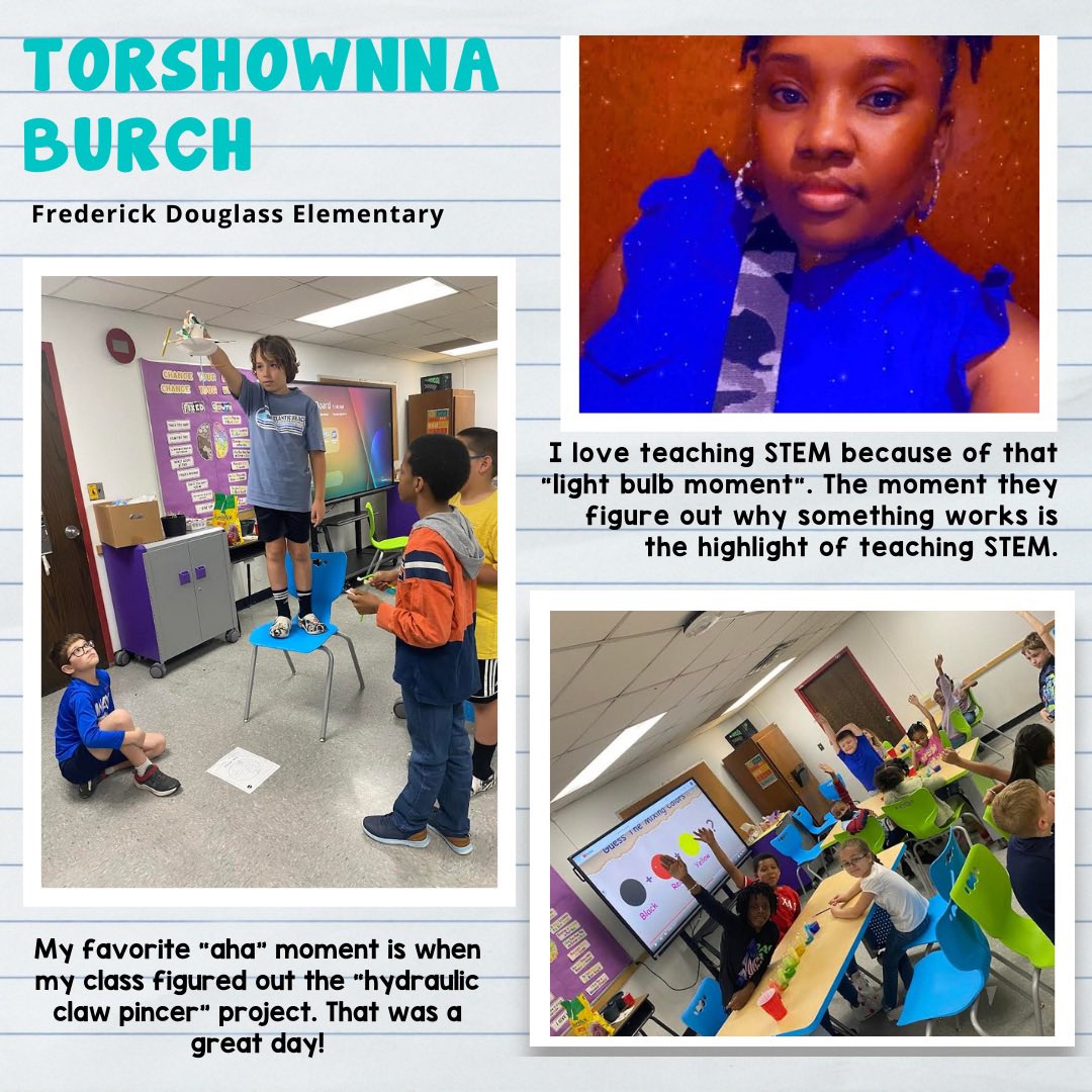 TheSTEMnerdette's tweet image. Did you know that the month of April in NC is STEM Education month? To celebrate, we’d like to highlight our amazing STEM facilitators and STEM teachers throughout the month!

Ms. Burch is the STEM facilitator at Frederick Douglass Elementary School! #STEMatWCS