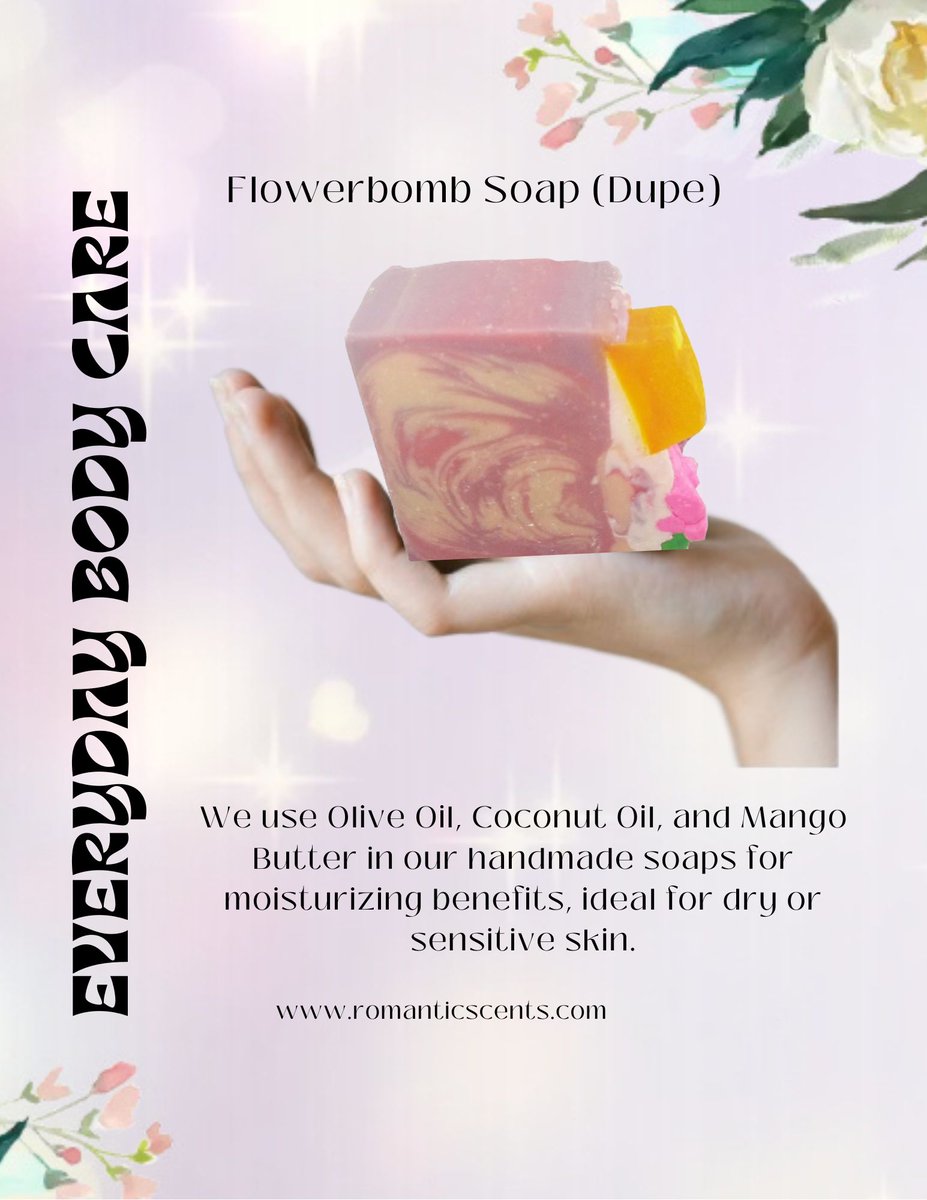 Aloha Romantic Friends 
Indulge in our limited edition Romantic Flowerbomb Soap (Dupe)!🌺Handmade with love and loaded with olive oil, coconut oil, and mango butter, it's a treat for dry and sensitive skin. 🫒🥥🥭

#PamperYourself #RomanticScents #HandmadeSoap #NaturalIngredients