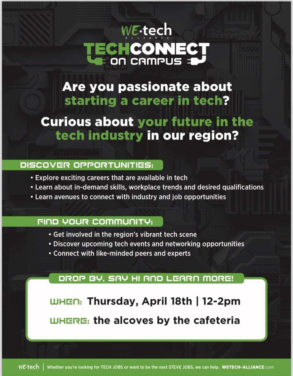 Are you passionate about starting a career in tech? Curious about how to connect to the regional tech community? @WEtechAlliance will be on campus next Thursday at @StClairCollege from 12-2pm. Come say hello 👋!