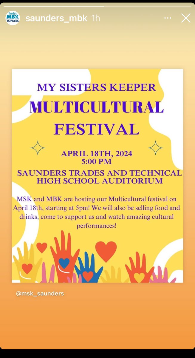 MSK Multicultural Festival ⁦@Saunders_HS⁩ 4/18 Rep our Milestone 3 & 6 sister leaders ⁦@YPScommunity⁩ ⁦@MBK_Alliance⁩ ⁦@YonkersSchools⁩ ⁦@YonkersMBK⁩ ⁦@YonkersMSK⁩ ⁦@SaundersPTSA⁩
