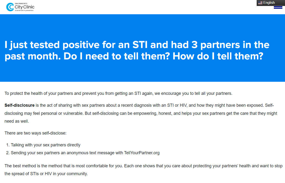 Recently tested positive for an #STI? Talking to your sex partners is important so they can get tested &amp; treated. Visit #SFCityClinic sfcityclinic.org for more info on how to talk to your partners or use the free and secure online service TellYourPartner.org <a href="/SF_DPH/">SFDPH</a>