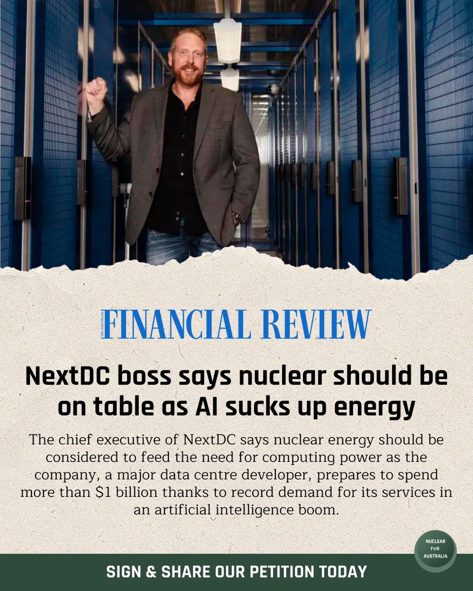 ✍️Sign & share our petition today: nuclearforaustralia.com/petition We need data centres and data centres need abundant, reliable power. Whether it is Microsoft, Amazon or Australia’s NEXTDC, they’re all looking at nuclear to help provide that.