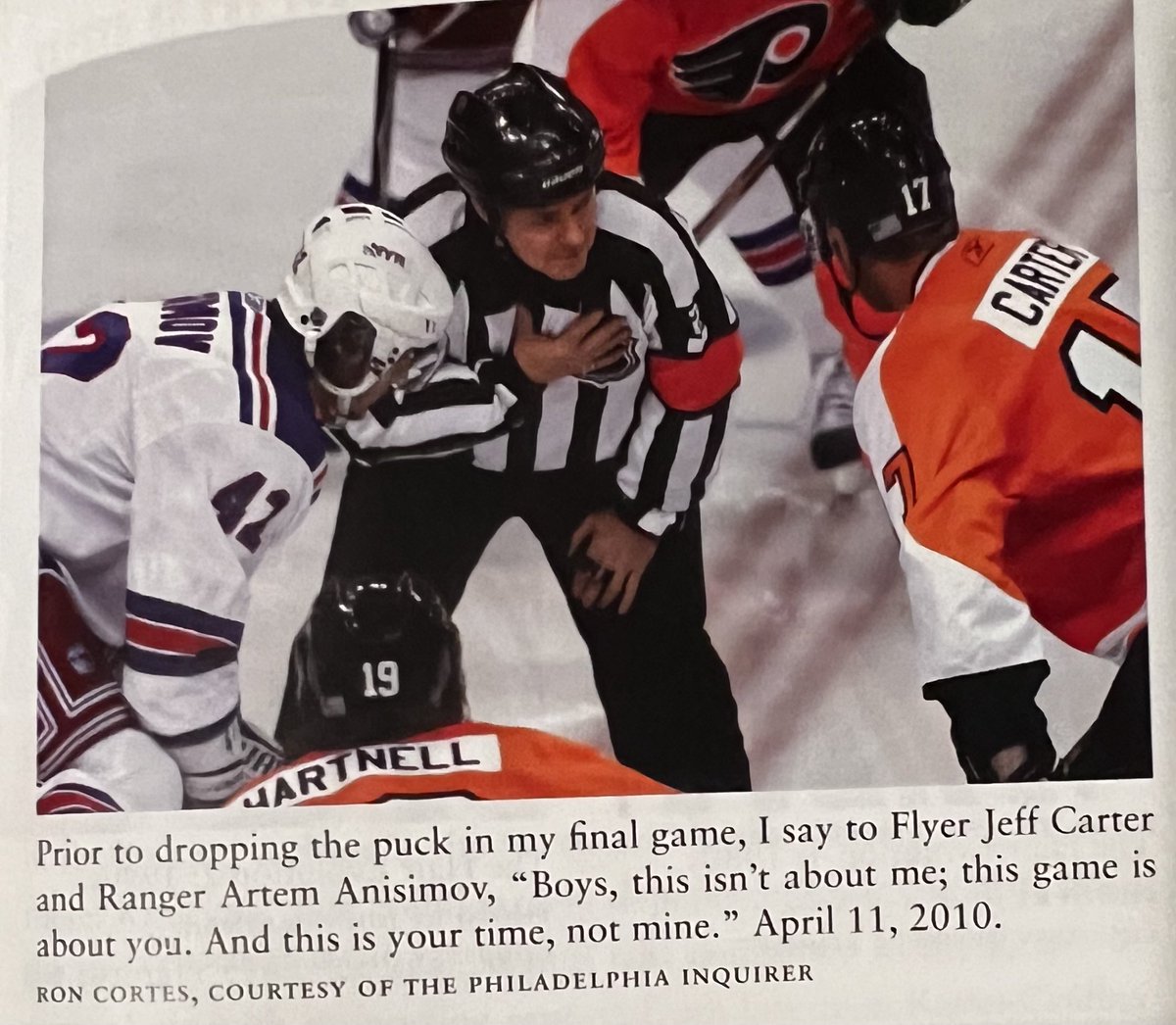 Opening face-off 14 years ago today. Flyers defeat Rangers in shootout to gain final Eastern Conference playoff spot. Tonight, both coaches from my final NHL game have switched teams.