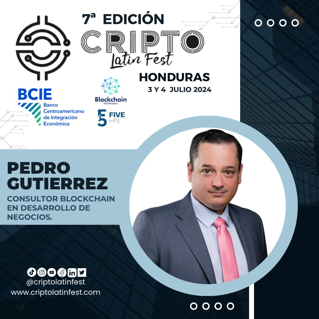 ¡No te pierdas la oportunidad de escuchar a @pgutierrezqu en la séptima edición del Cripto Latin Fest 2024 junto al BCIE (Banco Centroamericano de Integración Económica), Blockchain Honduras y Five HN! 🎉 Únete a nosotros para descubrir sus conocimientos y perspectivas sobre el…