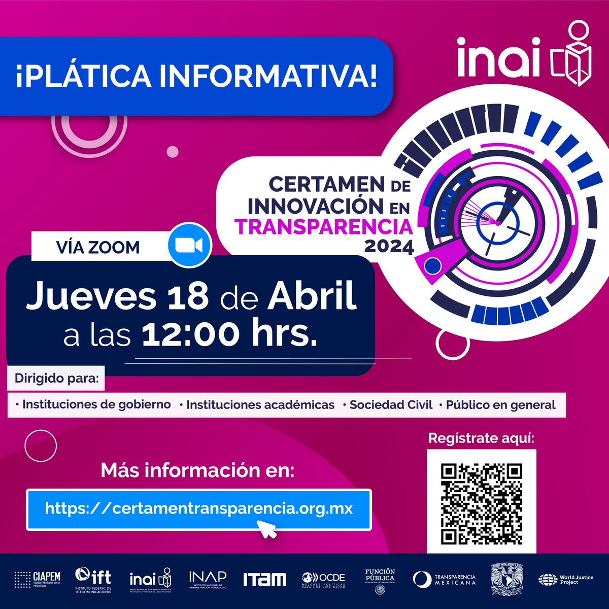 🏆Prepara tu registro al Certamen de Innovación en Transparencia 2024 📌Compite a nivel nacional y haz que tu desarrollo tecnológico sobresalga en el ámbito de la transparencia🙌🏻 ¡Te esperamos en la próxima Plática Informativa! 🛜Zoom acortar.link/3Cwo5B 🗓️18 abril 12 hrs