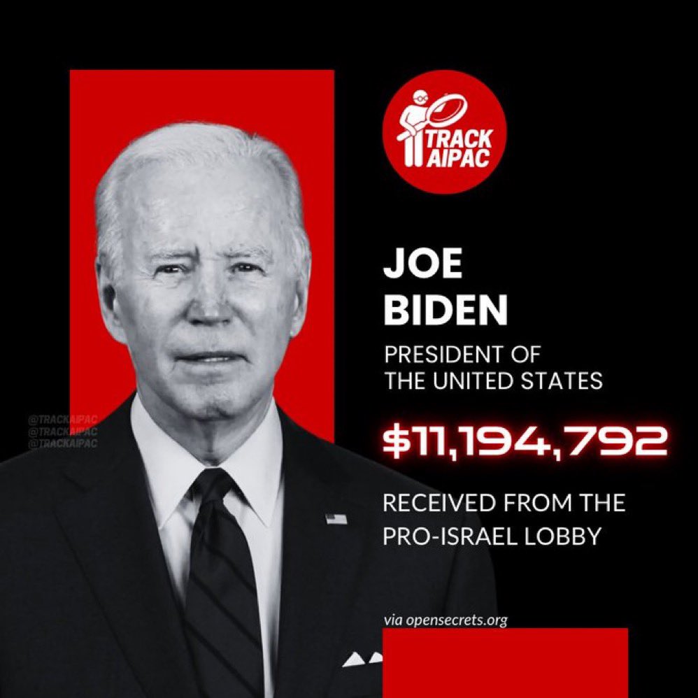 Joe Biden has received approximately $700 dollars per child killed in Gaza from the Israel lobby…🇵🇸💔