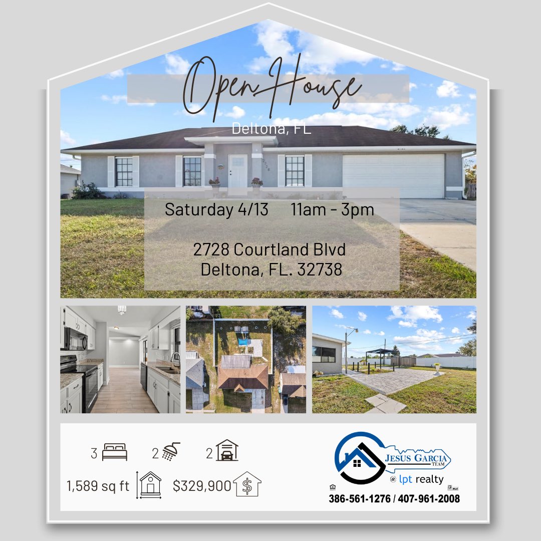 Join us this Saturday for an exciting open house in Deltona! 🏡 Explore this charming community and discover why Deltona is known for its picturesque parks and vibrant outdoor lifestyle.

Don’t miss out – see you there!

#JesusGarciaTeam #lptrealty #CentralFlorida #LoveFl
