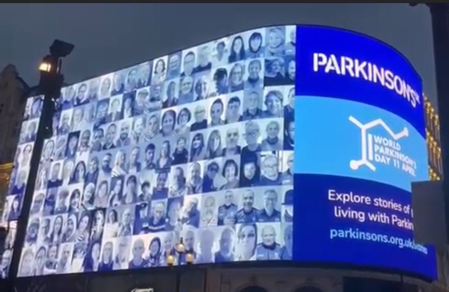 Pleased to be among the mug shots in Piccadilly Circus tonight for @ParkinsonsUK #WorldParkinsonsDay - an amazing community of people, that no one wanted to join, but now can’t live without. #ParkinsonsAwarenessMonth #pwp