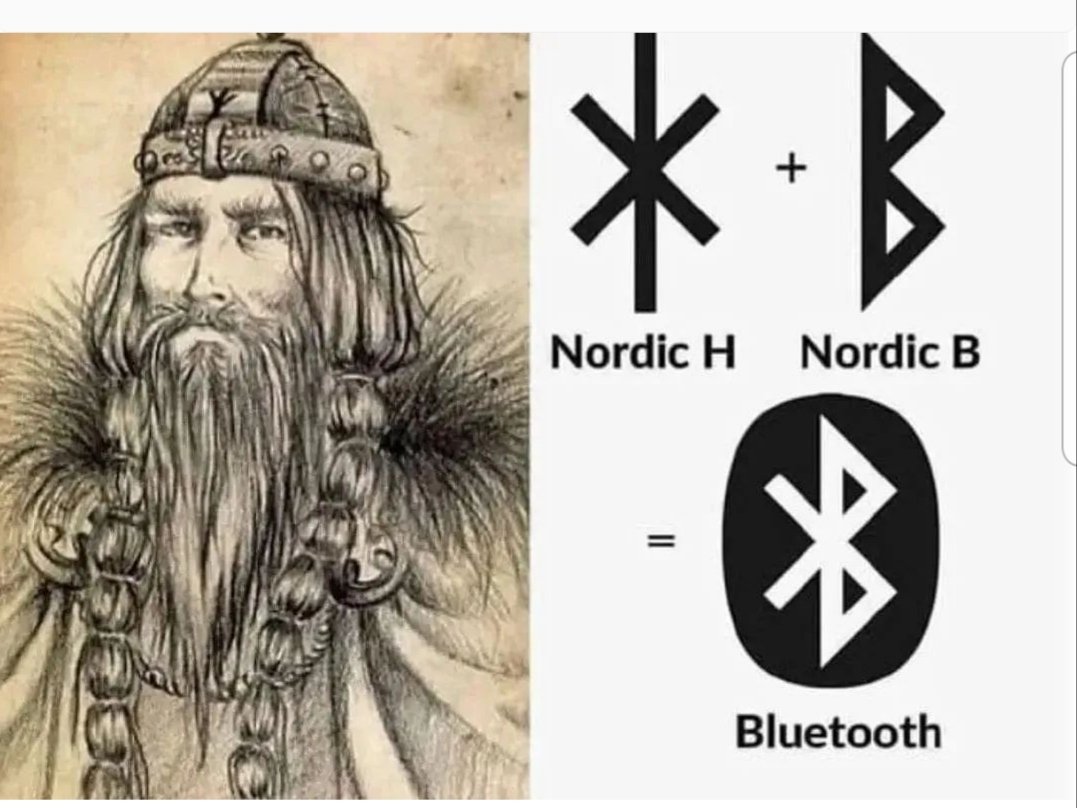 This is Harald, Nordic king. Harald had a bad tooth that turned a bluish color, hence his name became Harald Bluetooth. Centuries later, Harald's Nordic initials became a household word. And Harald is cool again.