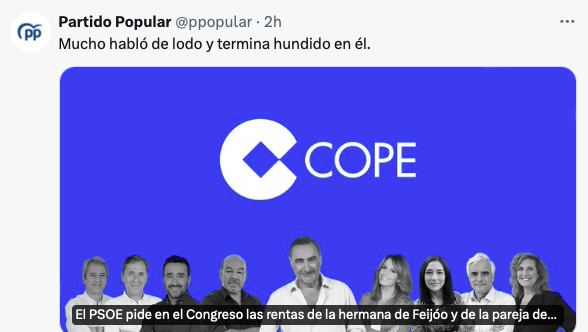 rebotados van los de la 'banda', enlodadores de pro a jornada completa, porque el Gobierno pase a la contraofensiva y decida investigar en Comisión posibles fraudulentas gestiones de sus Feijoó, Ayuso, parentelas, etc..igual sí que alguien acabe hundido en el lodo, pero..¿quien?