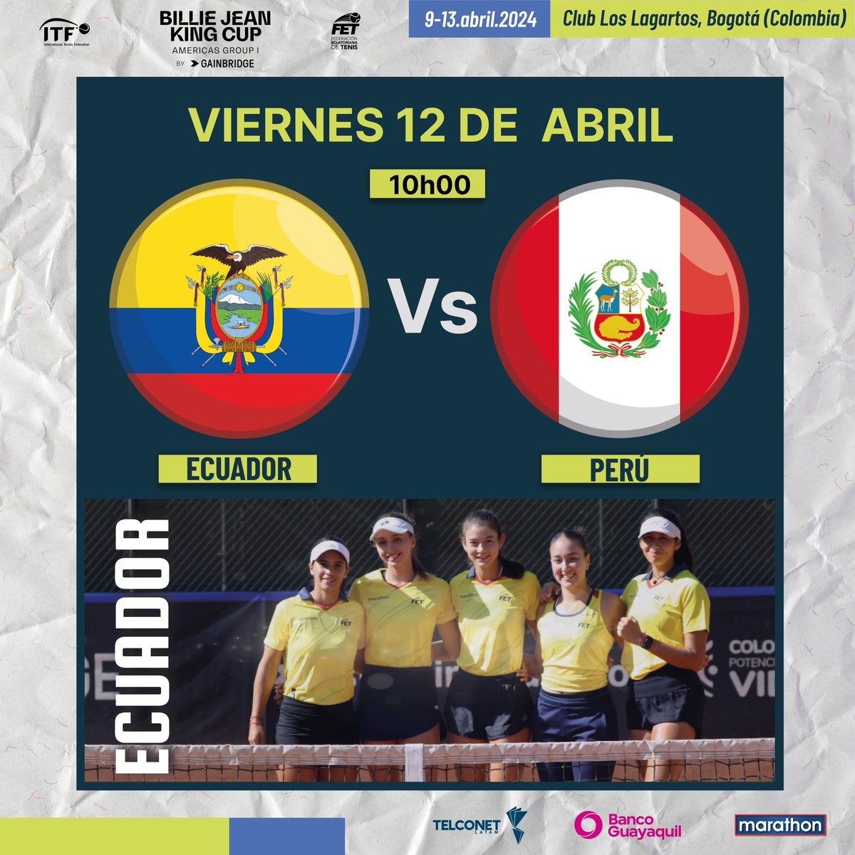 Mañana Ecuador enfrentará a Perú en la Billie Jean King Cup, que se juega del 9 al 13 de abril en el Club Los Lagartos, Bogotá (Colombia). @BJKCup Gracias al auspicio de: @TelconetLatam @BancoGuayaquil @marathonsports_