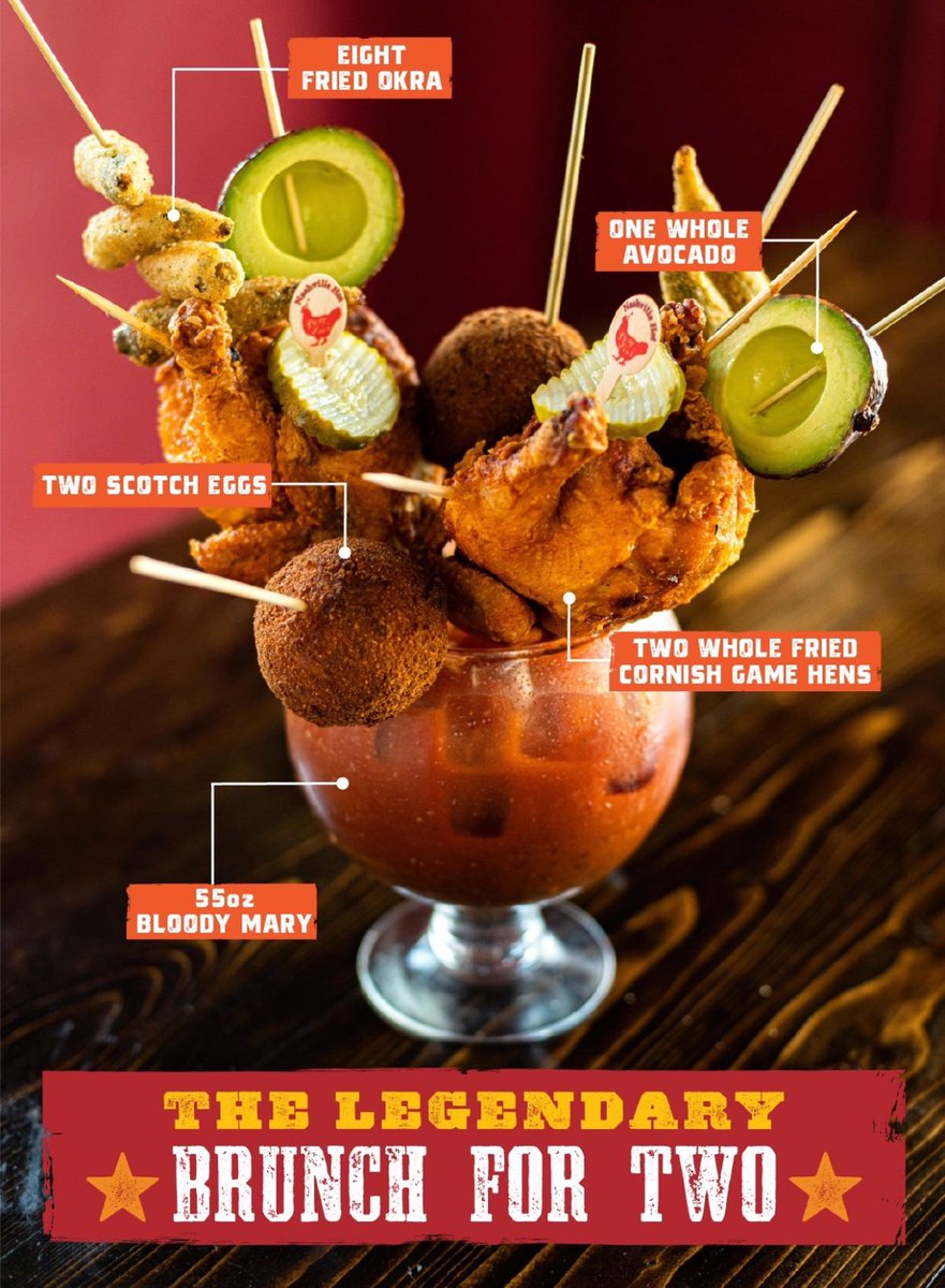Have you tried our “World-Famous” 55 oz signature Bloody Mary topped with two whole fried cornish game hens, two scotch eggs, eight fried okra, & a whole avocado?🔥🐓 Available 𝐒𝐚𝐭𝐮𝐫𝐝𝐚𝐲 𝐚𝐧𝐝 𝐒𝐮𝐧𝐝𝐚𝐲 𝟏𝟎𝐚𝐦-𝟐𝐩𝐦 by reservation only. partyfowl.com/reservations