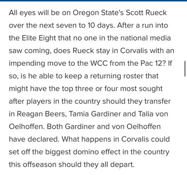 Brandon Clay Scouting x @247Sports Expect @RaeganBeers to show up in the T5 next week in the Portal Rankings. 17+ points, 10+ rebounds per game. HUGE addition to the Portal. Tough week for Oregon State. They lost all three of the players we projected might leave Corvallis.
