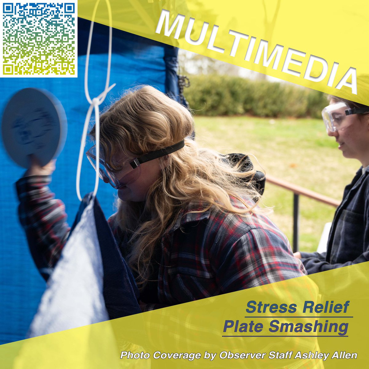 EC_Observer's tweet image. MULTIMEDIA - 
Yesterday Student Engagement held a plate smashing booth outside of Callahan to offer students a chance to relieve some stress. Students were encouraged to write on their plates as well. To view more exclusive images visit endicottobserver.com or use the QR code!