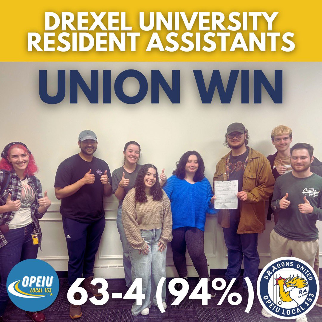 NO ORDINARY UNION WIN - THIS ONE BREATHES FIRE 🐉🔥 The RAs at Drexel have won their union - voting 94% UNION YES!! Meet the latest student reslife workers to join the local! Welcome DURA-OPEIU 153, and congratulations!!!!