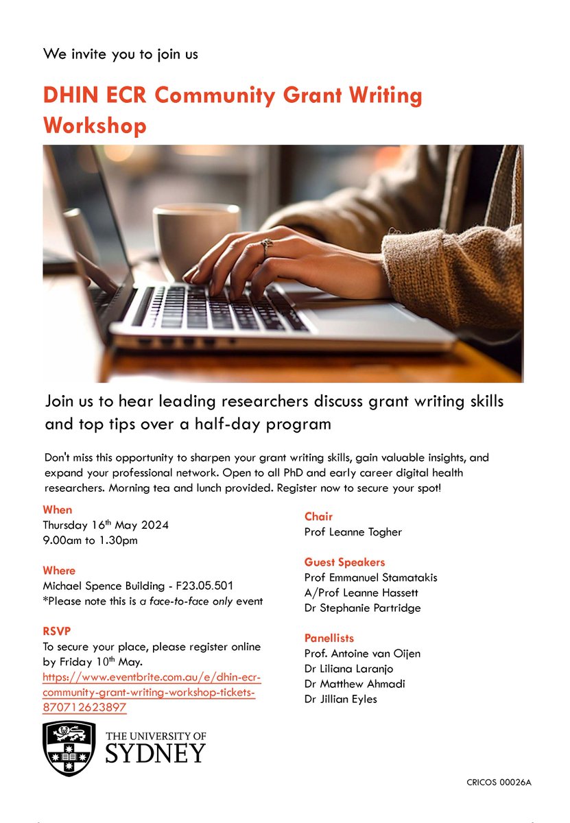 Join us for a Grant Writing Workshop📣!! Discover grant writing tips from our speakers, @DrStephaniePart, @M_Stamatakis,  @Leanne_Hassett, and our panelists, @jillian_eyles, @Matthew_Ahmadi_, @LilianaLaranjo, @van__Oijen will resolve your queries on grant writing.