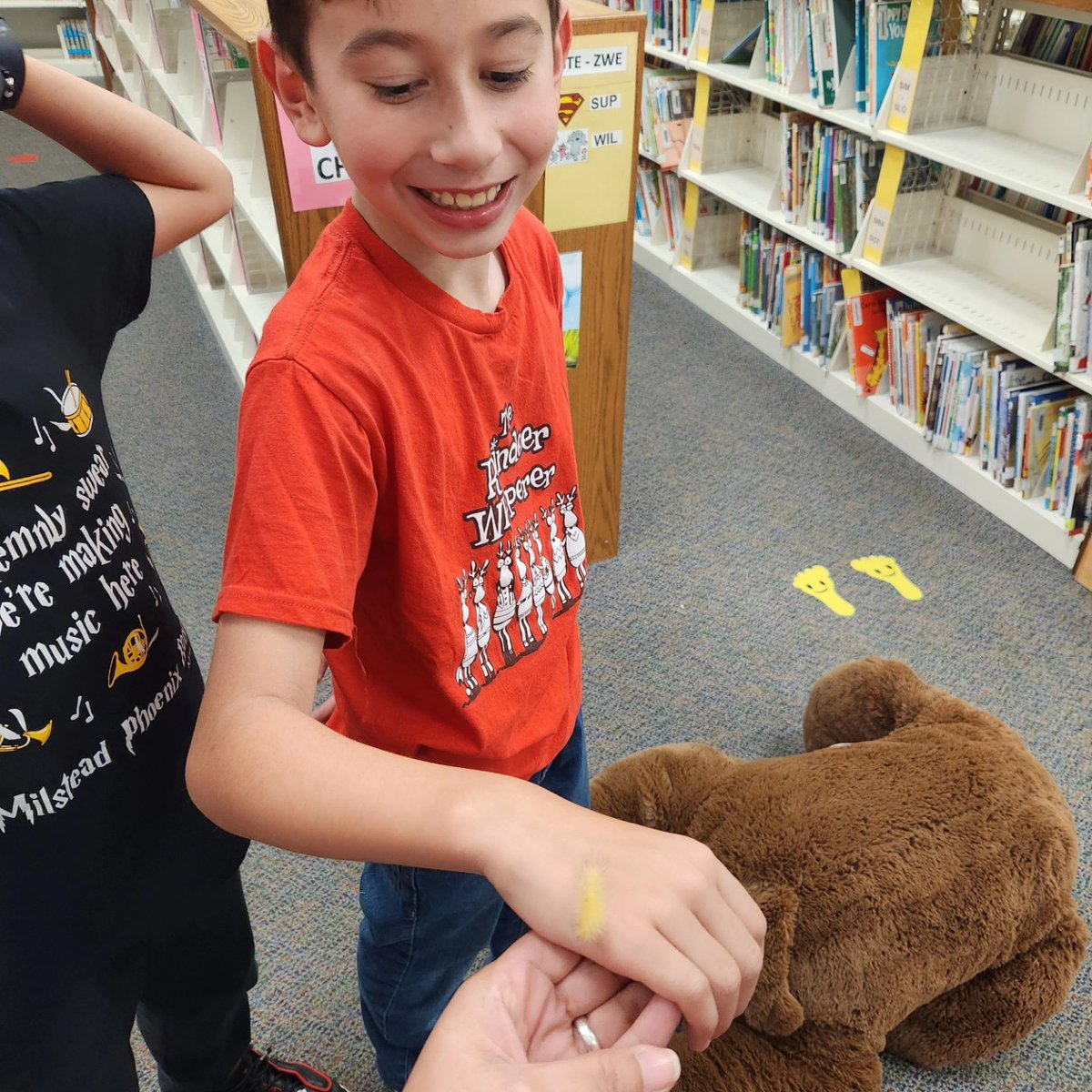 Update on our Library Inquiry Research project: we found out that we have Woolly Bear caterpillars and that they are safe to handle so we decided to try it out! Happy National Library Week!! #pisd ##pisdREADS