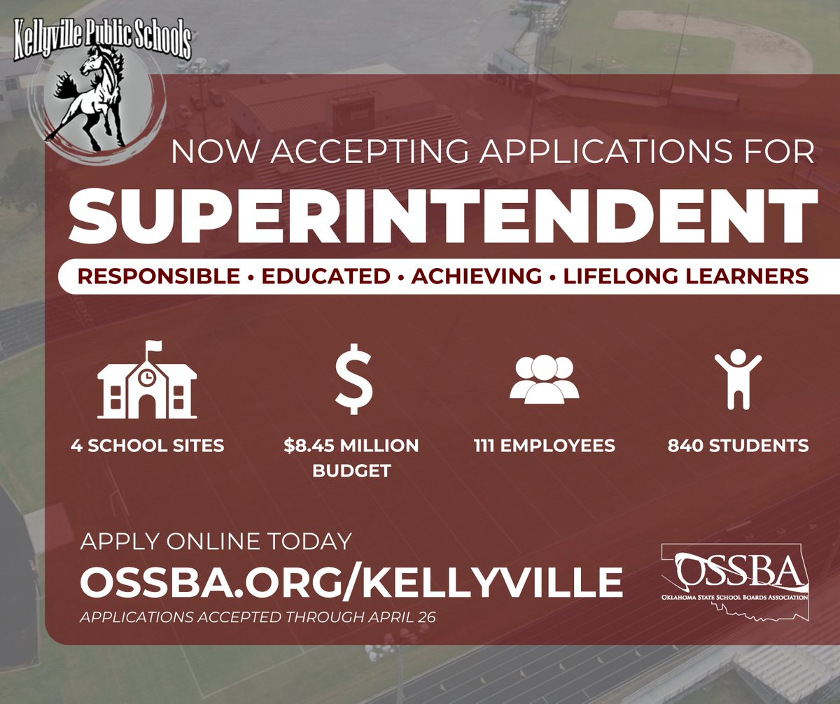 Apply today for the position of Kellyville Public Schools Superintendent! Join a team of educators who help students become responsible, educated, achieving lifelong learners. Apply now at ossba.org/kellyville  #AASA #edchat #leadk12chat #suptchat