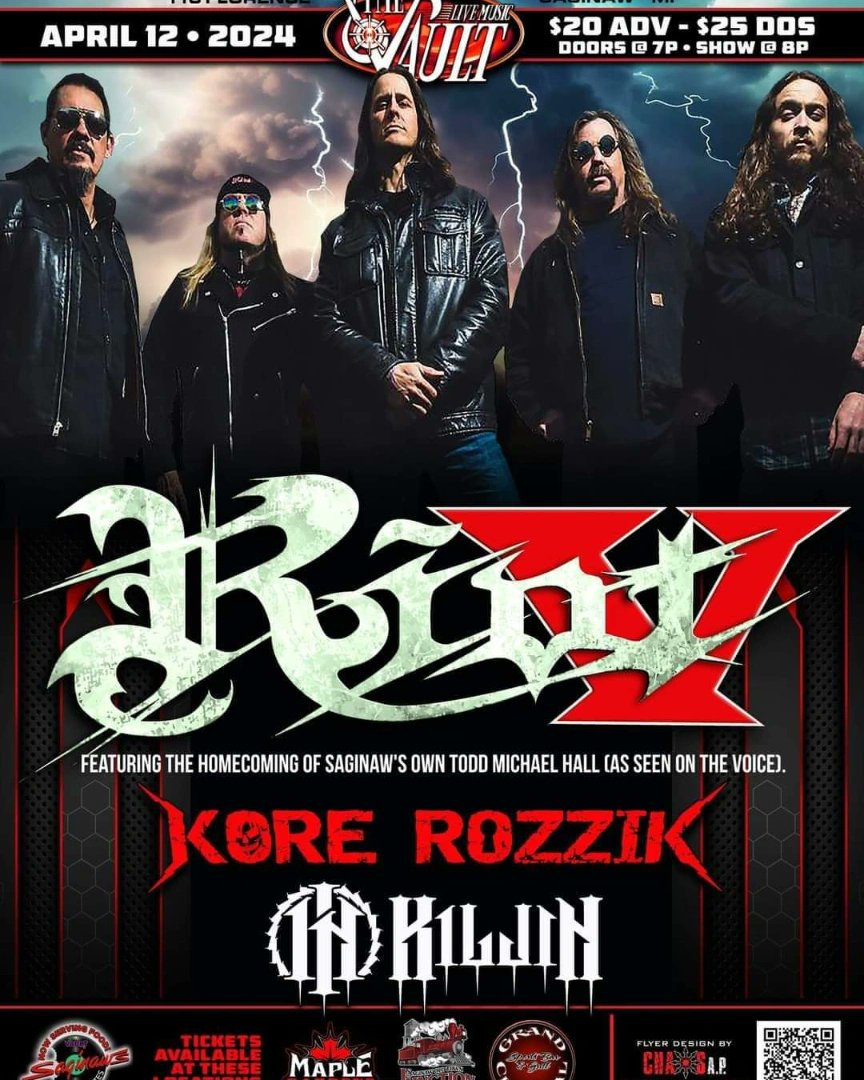 ⚠️  TOMORROW ⚠️ 
🎶 We will be taking the stage in Saginaw, Michigan at The VAULT w/ our friends Todd Michael Hall and his band RIOT V and Kore Rozzik RIOT V wsg/ Kore Rozzik and Kiljin  🤘
🚨💯 Gonna be a SWEET show with some amazing bands 🎸 🥁 
We hope you can make it out ☠️