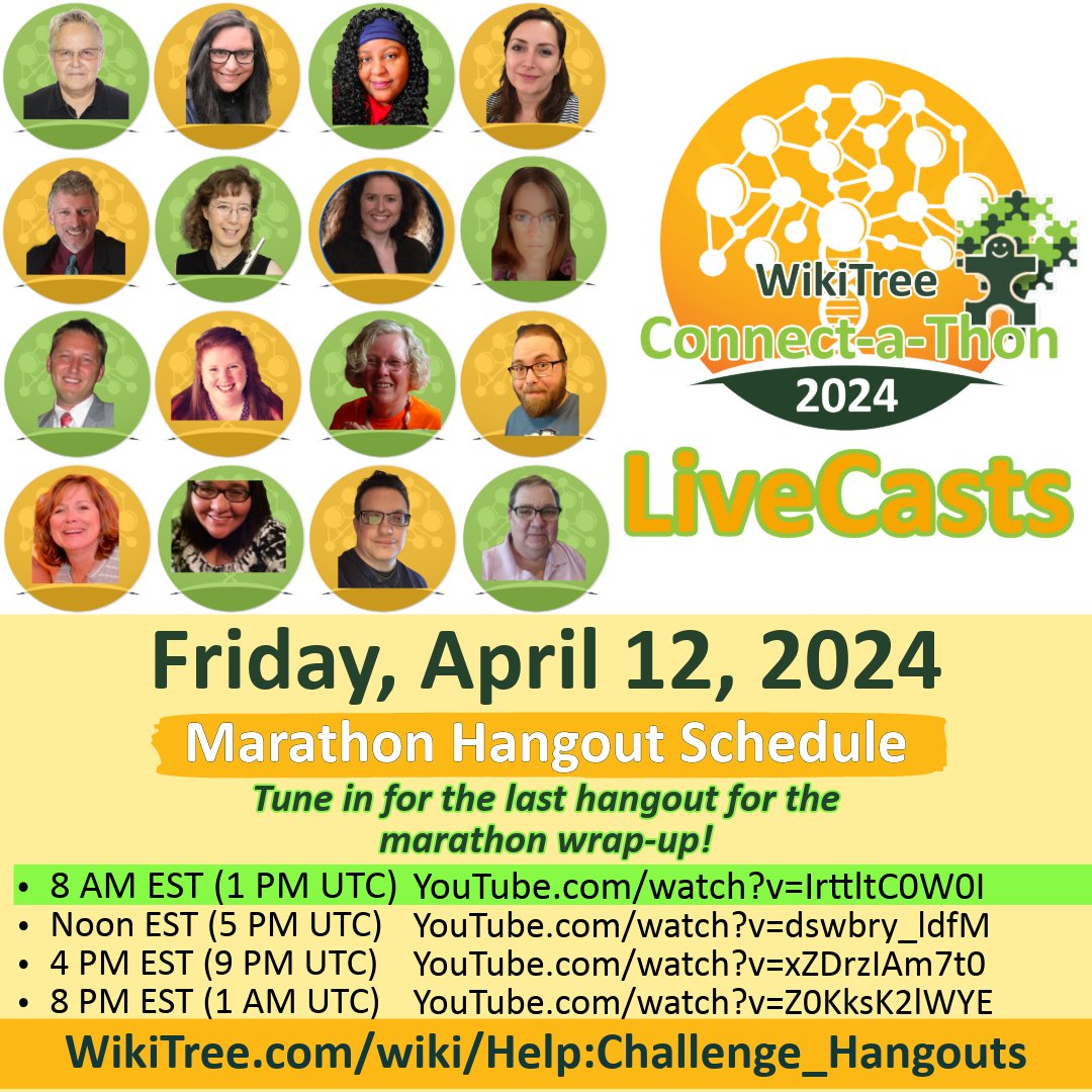 Join us live for the #April2024ConnectAThon LiveCasts! Here's the schedule for Friday, April 12th wikitree.com/wiki/Help:Chal… #CollaborativeGenealogy