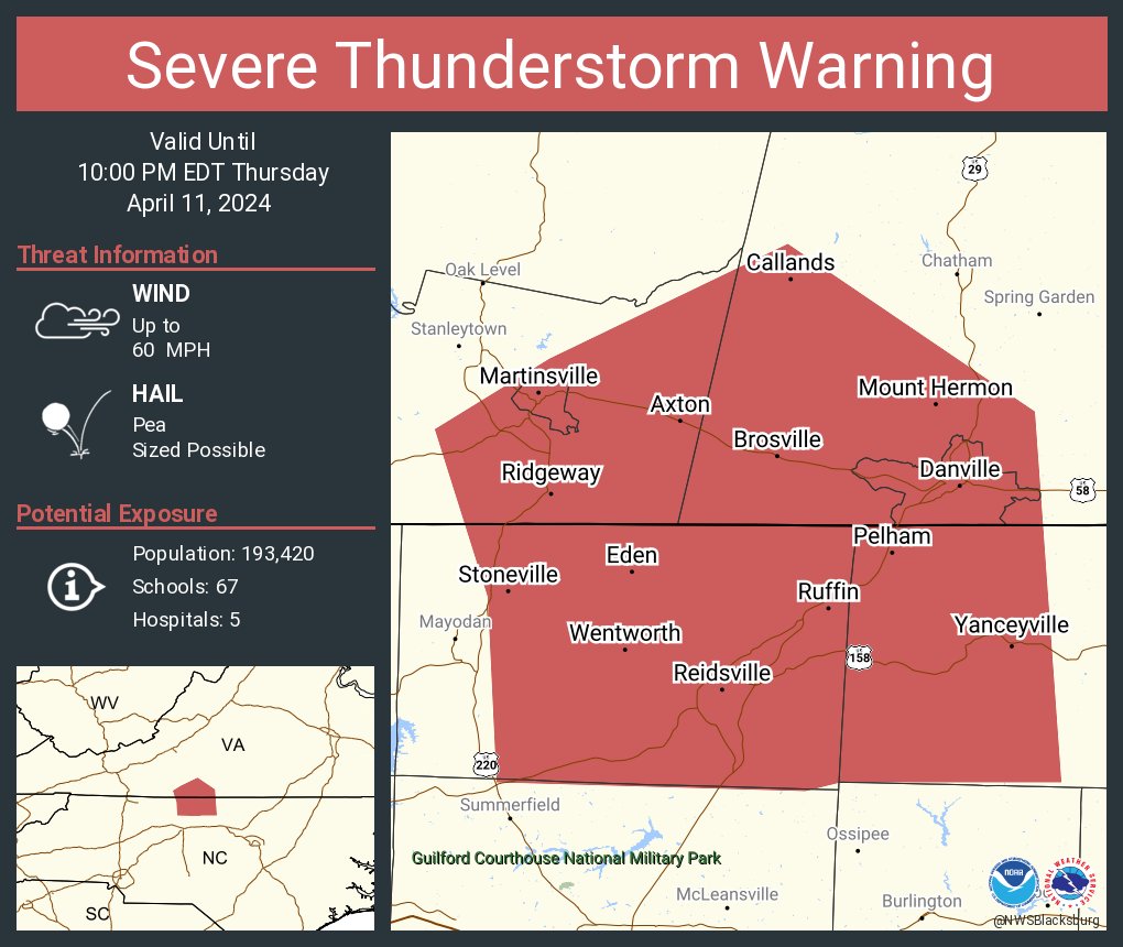 Severe Thunderstorm Warning including Danville VA, Eden NC and Reidsville NC until 10:00 PM EDT