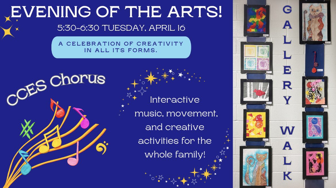 We can’t wait to see our #CCESColts families at our first ever INTERACTIVE Evening of the Arts Tuesday, April 16th at 5:30 PM! Student artwork + music and movement activities for the whole family! And Chorus too! @dr_cheatham @CrabappleColts @CCES_Colts_PTO @koperniak #fcsmusic