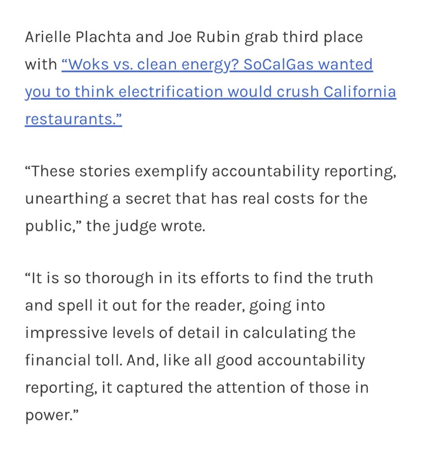 Excited that our work on SoCalGas' fight against electrification policies won 3rd place in the Best of the West contest for growth and environmental reporting. Not even mad they spelled my name wrong 😏