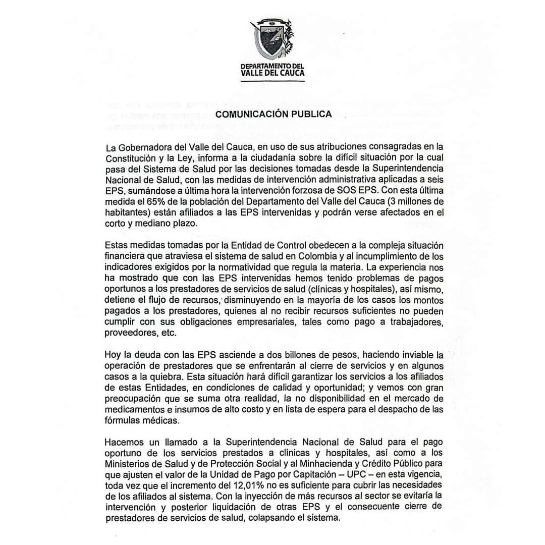 Atención gobernadora del valle @DilianFrancisca alerta grave situación del sector del valle. Prestación de servicio a pacientes se puede agravar. Se prevee cierre y quiebra de prestadores de servicios de salud. la deuda asciende a $2 billones