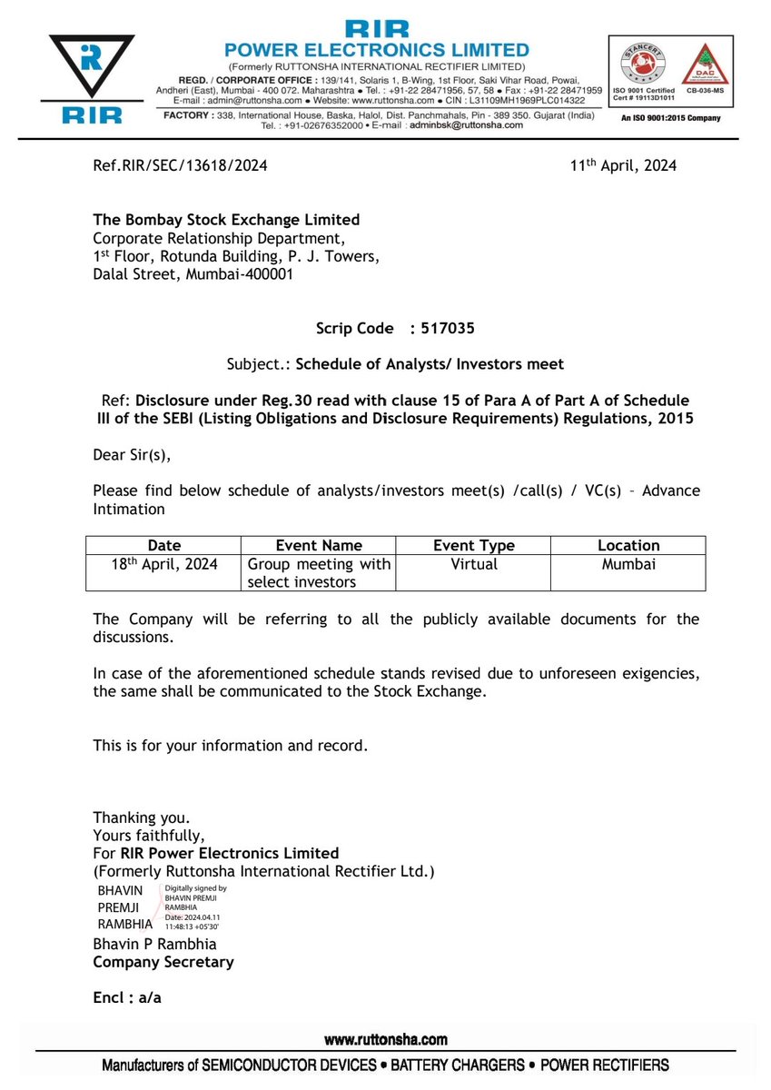 RIR POWER ELECTRONICS: First ever meeting with investors... interesting to see cos walk the talk as per AGM...anyone part of the invite pls share details... plus if OLD shareholders can be part of this...