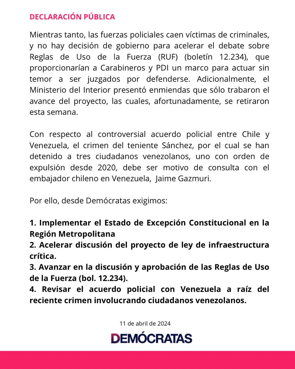 🔴 Declaración Pública | Demócratas insiste en que el gobierno decrete estado de excepción en la RM y otras medidas, tras el asesinato del teniente de carabineros Emanuel Sánchez. A un año de la promulgación de la ley Naín Retamal, hemos sido testigos de un nuevo ataque a…