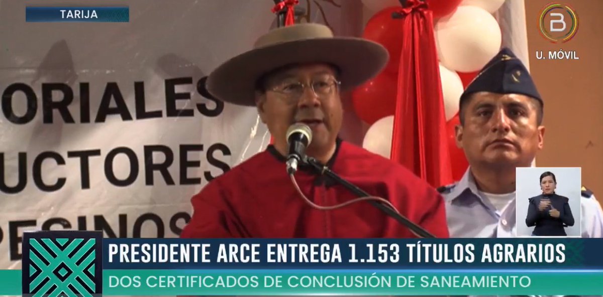 #Ahora 🔴 | Mandatario del Estado, @LuchoXBolivia: “Estamos entregando 1.153 títulos agrarios con el compromiso de hacer la entrega total para que ninguna hermana ni hermano que trabaja la tierra deje de tener su propiedad a su nombre”. #BTVInforma