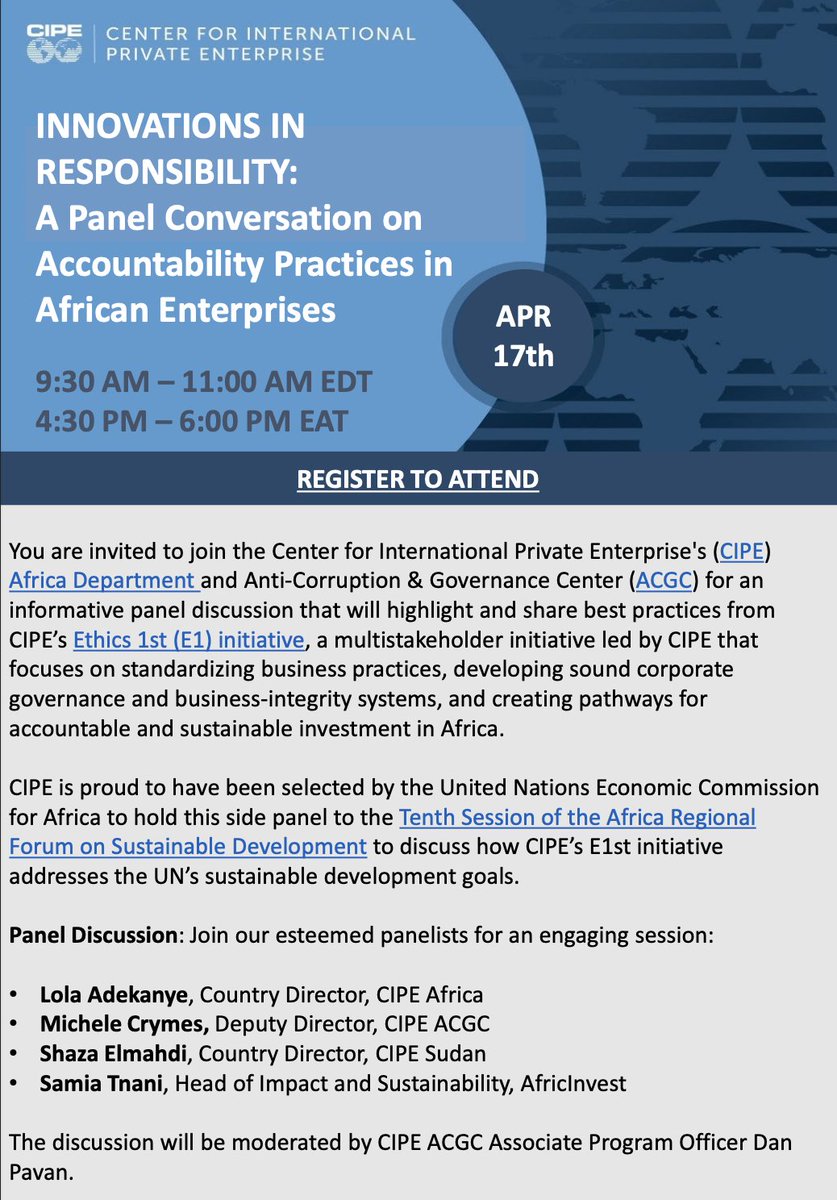 On April 17th, join @CIPEAfrica & ACGC for a webinar discussion at @ECA_OFFICIAL's 10th Session of the Africa Regional Forum on Sustainable Development Register to hear from @samsamts and @CIPEglobal's @lola_kanye, @MicheleCrymes, & @zoyaty: bit.ly/3JiYGo5