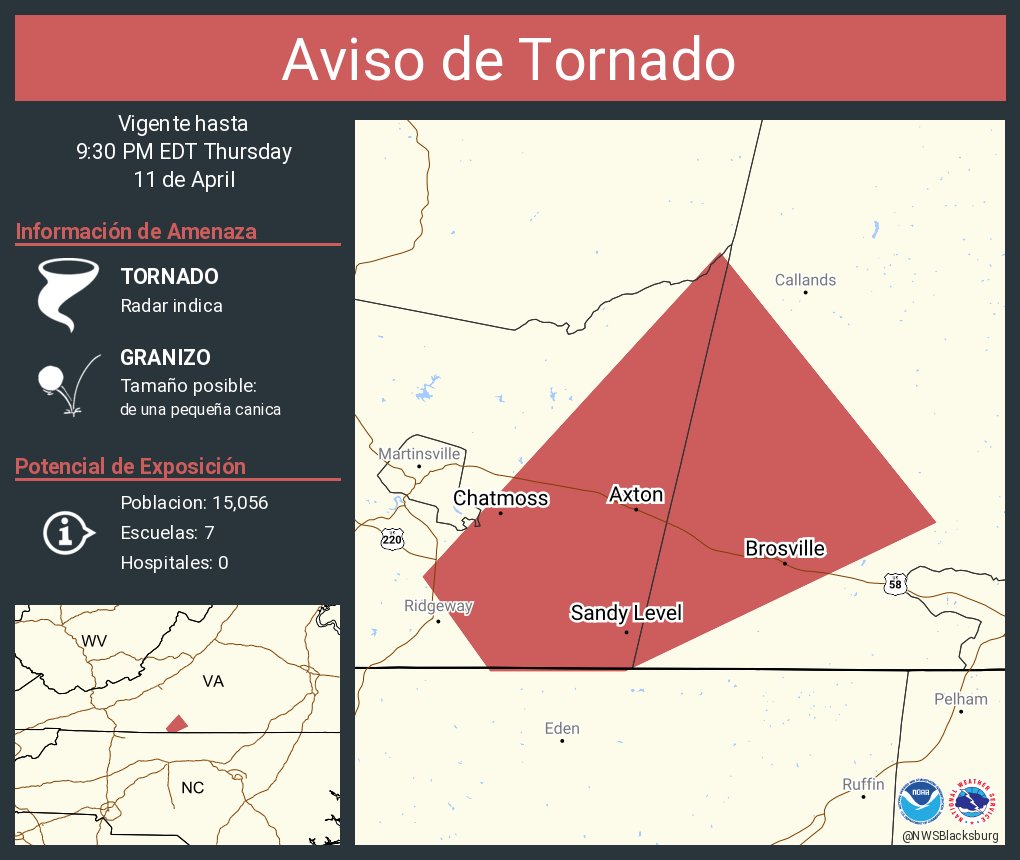 Aviso de Tornado incluye Chatmoss VA, Sandy Level VA, Brosville VA hasta las 9:30 PM EDT