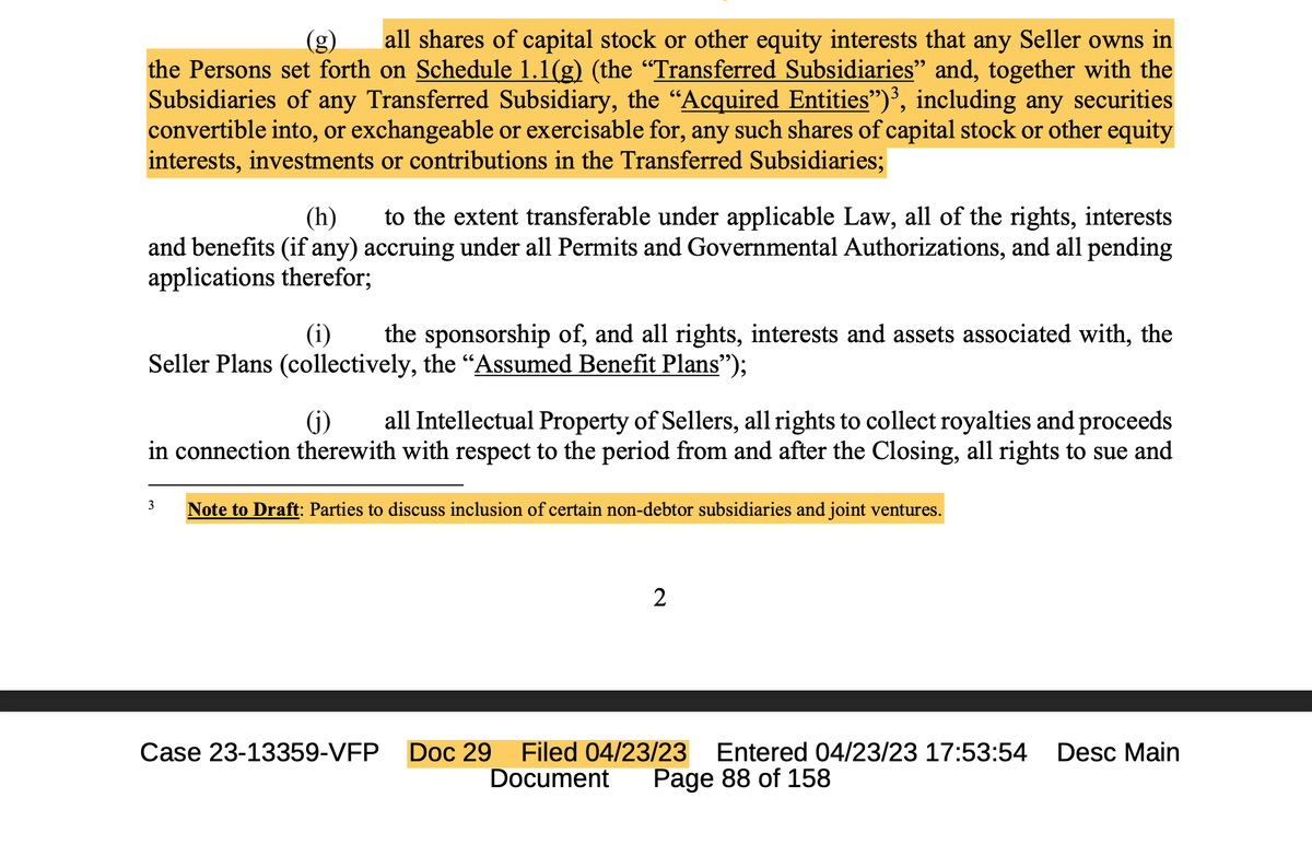 $BBBY Dkt 29 4/23/23. 🤔

..all shares of capital stock or other equity interests that any Seller owns in the Persons set forth on Schedule 1.1(g) (the “Transferred Subsidiaries” and, together with the Subsidiaries of any Transferred Subsidiary, the “Acquired Entities”)