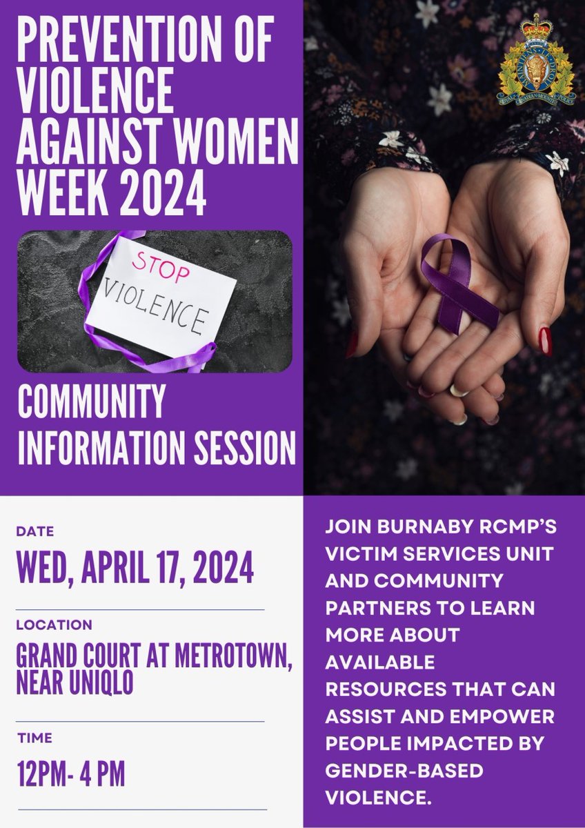 Intimate Partner Violence is a serious issue that has a huge impact on victims and our communities. Learn more about resources to assist and empower people impacted by gender-based violence at our April 17 info session at Metrotown Details: bit.ly/3Uh0dBr