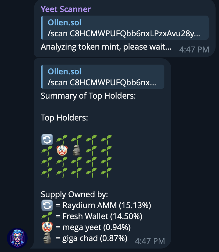 ChadScannerLabs's tweet photo. ‼️Yeet Scanner V2 is live in Chad Scanner's token-gated TG‼️

Scan Token Address:
Analyze the top 20 holders and their trading behaviors 

Scan Wallet Address:
Analyze a single wallet's trading behavior with probability breakdown

See Pinned Tweet to gain access to our TG
🤖 
🤖 https://t.co/ExSVGhwVbO