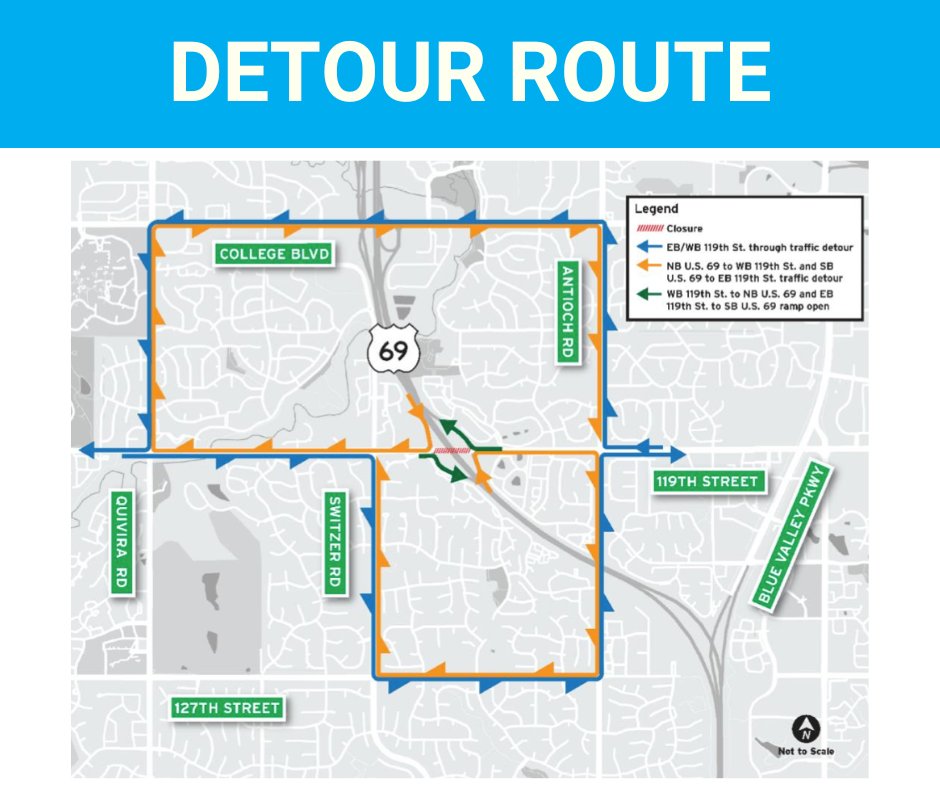 🚨 ALERT 🚨 Eastbound & westbound 119th St. under U.S. 69 will be fully closed to traffic from 7 p.m. Friday 4/12, to 5 p.m. Sunday, 4/14. Ramps will remain open for right-turn off and on movements. Details & detour information ➡️ ow.ly/T7eo50ReHgI. #69Express #KCTraffic