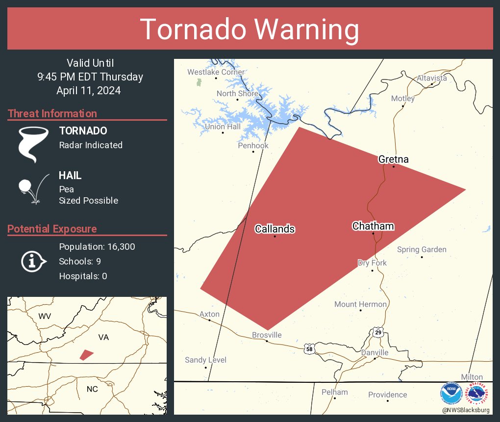 Tornado Warning including Chatham VA, Gretna VA and Callands VA until 9:45 PM EDT