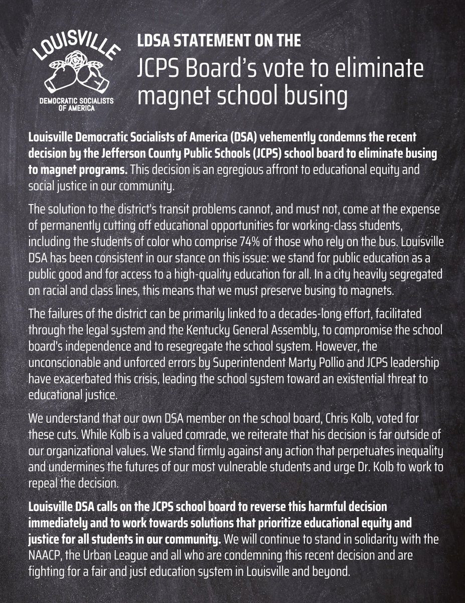 LDSA vehemently condemns the recent decision by the Jefferson County Public Schools (JCPS) school board to eliminate busing to magnet programs. This decision is an egregious affront to educational equity and social justice in our community. Read our full statement below.