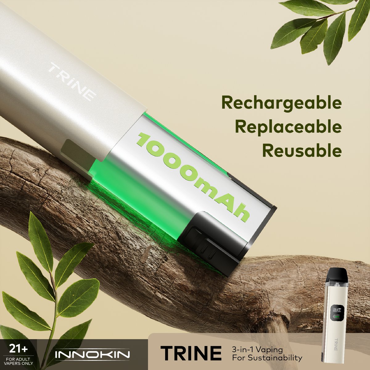 Swap Seamlessly, Puff Endlessly! 🔋💨 ⚡ Charge via Type-C or effortlessly swap between 𝟭𝟬𝟬𝟬𝗺𝗔𝗵 batteries for extended runtime!♻️Our 𝑬𝒄𝒐𝑫𝒓𝒂𝒊𝒏™ 𝒃𝒂𝒕𝒕𝒆𝒓𝒚 𝒅𝒊𝒔𝒄𝒉𝒂𝒓𝒈𝒆 𝒕𝒆𝒄𝒉𝒏𝒐𝒍𝒐𝒈𝒚 ensures a safer battery recycling. 18/21+ only #Innokin #Trine